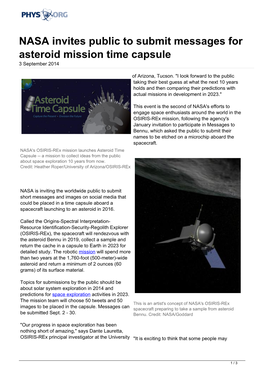 NASA Invites Public to Submit Messages for Asteroid Mission Time Capsule 3 September 2014