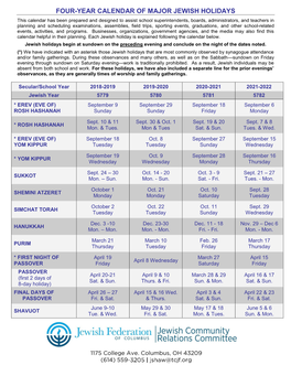 Four-Year Calendar of Major Jewish Holidays