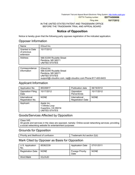 Notice of Opposition Opposer Information Applicant Information