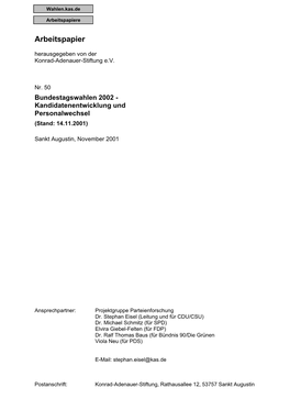 Bundestagswahlen 2002 - Kandidatenentwicklung Und Personalwechsel (Stand: 14.11.2001)