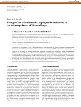 Research Article Biology of the Wild Silkmoth Anaphe Panda (Boisduval) in the Kakamega Forest of Western Kenya