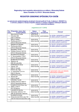 REGISTER ODBORNE SPÔSOBILÝCH OSÔB Na Vykonávanie Epidemiologicky Závažných Činností Podľa § 15 Ods