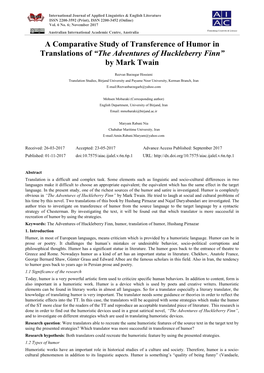 A Comparative Study of Transference of Humor in Translations of “The Adventures of Huckleberry Finn” by Mark Twain