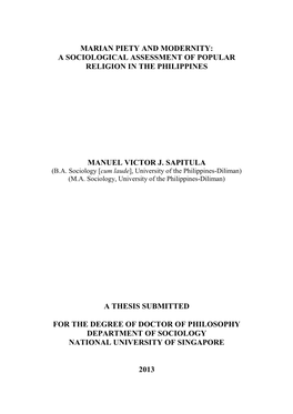 Marian Piety and Modernity: a Sociological Assessment of Popular Religion in the Philippines