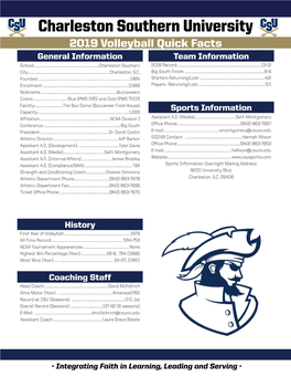 Charleston Southern University 2019 Volleyball Quick Facts General Information Team Information School