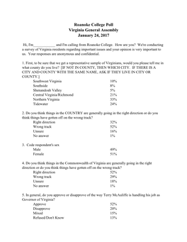 Roanoke College Poll Virginia General Assembly January 24, 2017