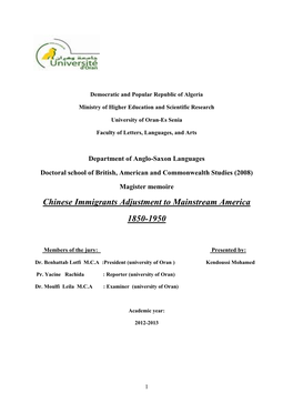 Chinese Immigrants Adjustment to Mainstream America 1850-1950