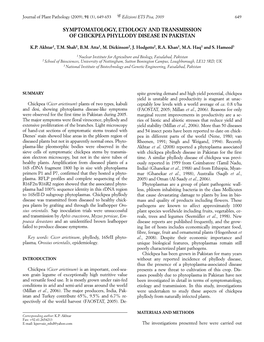 Symptomatology, Etiology and Transmission of Chickpea Phyllody Disease in Pakistan