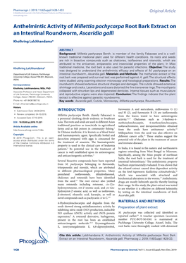 Anthelmintic Activity of Millettia Pachycarpa Root Bark Extract on an Intestinal Roundworm, Ascaridia Galli