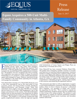 Press Release June 13, 2017 Equus Acquires a 500-Unit Multi- Family Community in Atlanta, GA