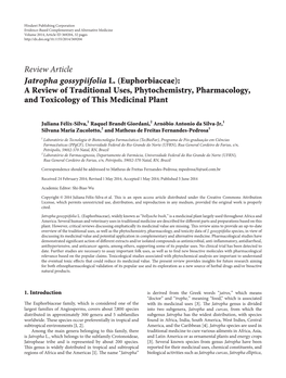 Review Article Jatropha Gossypiifolia L. (Euphorbiaceae): a Review of Traditional Uses, Phytochemistry, Pharmacology, and Toxicology of This Medicinal Plant