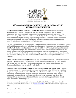 45 Annual NORTHERN CALIFORNIA AREA EMMY® AWARD NOMINATIONS ANNOUNCED