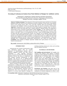 Screening of Actinomycete Isolates from Niche Habitats in Manipur for Antibiotic Activity