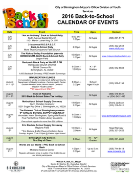 Back to School Calendar of Events