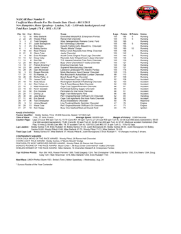 NASCAR Race Number 9 Unofficial Race Results for the Granite State Classic - 08/13/2011 New Hampshire Motor Speedway - Loudon, N.H