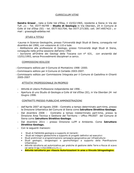 CURRICULUM VITAE Sandra Grassi , Nata a Colle Val D'elsa, Il 10/02