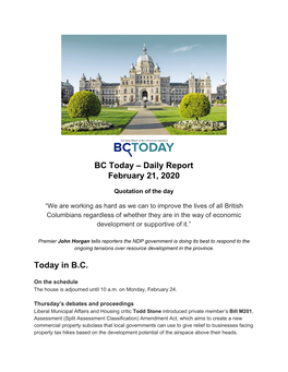 Daily Report February 21, 2020 Today in BC