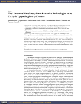 The Limonene Biorefinery: from Extractive Technologies to Its Catalytic Upgrading Into P-Cymene