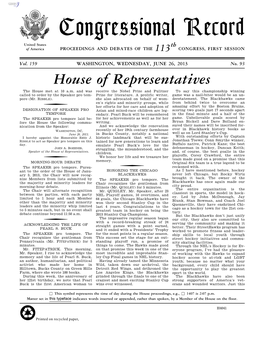 Congressional Record United States Th of America PROCEEDINGS and DEBATES of the 113 CONGRESS, FIRST SESSION