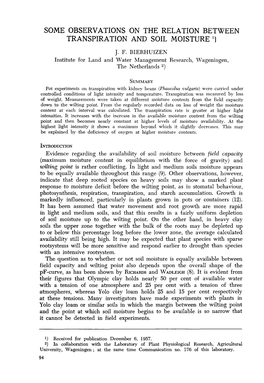 Some Observations on the Relation Between Transpiration and Soil Moisture ')