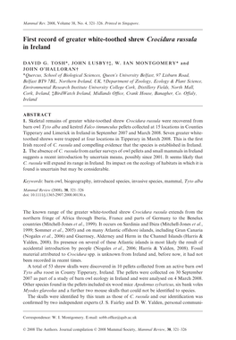 First Record of Greater White-Toothed Shrew Crocidura Russula in Ireland