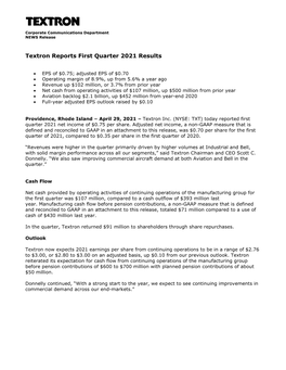 Textron Reports First Quarter 2021 Results