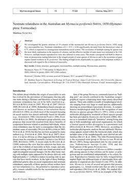 Nestmate Relatedness in the Australian Ant Myrmecia Pyriformis SMITH, 1858 (Hymeno- Ptera: Formicidae)