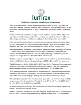 The Coolmore Nunthorpe Stakes Sectional Timing Analysis There Is Nothing Quite Like a Display of Raw Speed to Set the Pulse Racing in a Sporting Arena