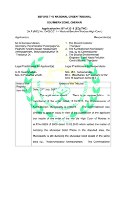 BEFORE the NATIONAL GREEN TRIBUNAL SOUTHERN ZONE, CHENNAI Application No.107 of 2013 (SZ) (THC) (W.P.(MD) No.10408/2011 – Madu