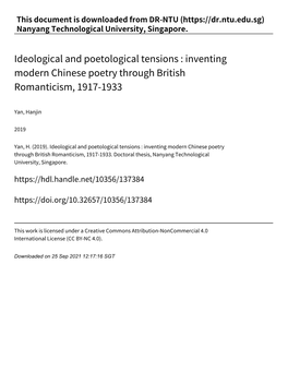 Ideological and Poetological Tensions : Inventing Modern Chinese Poetry Through British Romanticism, 1917‑1933