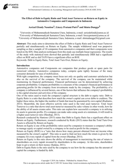 The Effect of Debt to Equity Ratio and Total Asset Turnover on Return on Equity in Automotive Companies and Components in Indonesia