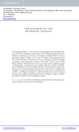 The Reform of the Frankish Church: Chrodegang of Metz and the Regula Canonicorum in the Eighth Century M