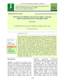 Performance of Makhana (Euryale Ferox Salisb.) Genotypes Under Wetland Ecosystem of North Bihar, India