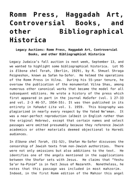 Romm Press, Haggadah Art, Controversial Books, and Other Bibliographical Historica,Change Has Come to Modena,On the Plagiarism O