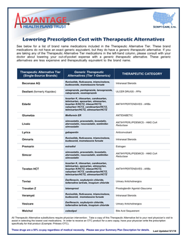 Lowering Prescription Cost with Therapeutic Alternatives See Below for a List of Brand Name Medications Included in the Therapeutic Alternative Tier