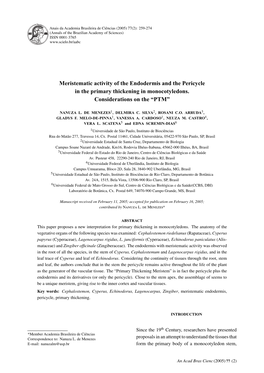 Meristematic Activity of the Endodermis and the Pericycle in the Primary Thickening in Monocotyledons