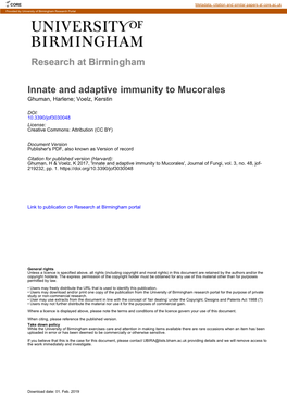 Innate and Adaptive Immunity to Mucorales Ghuman, Harlene; Voelz, Kerstin