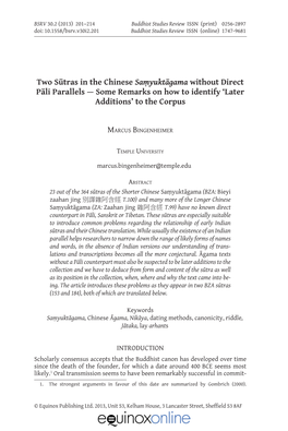 Two Sūtras in the Chinese Saṃyuktāgama Without Direct Pāli Parallels — Some Remarks on How to Identify ‘Later Additions’ to the Corpus