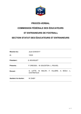 Procès-Verbal Commission Fédérale Des Éducateurs Et Entraineurs De Football Section Statut Des Éducateurs Et Entraineurs
