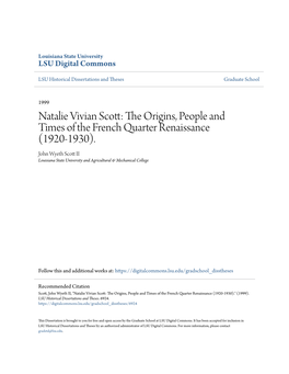 Natalie Vivian Scott: the Origins, People and Times of the French Quarter Renaissance (1920-1930)