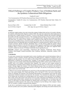 Ethical Challenges of Complex Products: Case of Goldman Sachs and the Synthetic Collateralized Debt Obligations