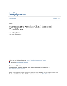 Maintaining the Mandate: China's Territorial Consolidation Marcanthony Parrino Union College - Schenectady, NY