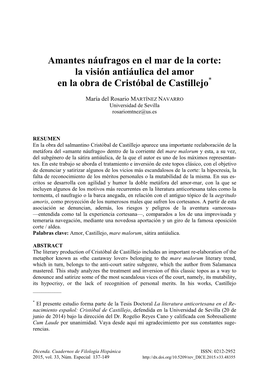 Amantes Náufragos En El Mar De La Corte: La Visión Antiáulica Del Amor En La Obra De Cristóbal De Castillejo*