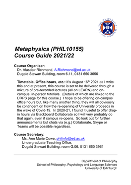 Metaphysics (PHIL10155) Course Guide 2020/21