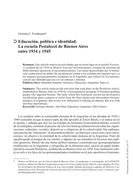 · Educación, Política E Identidad. La Escuela Pestalozzi De Buenos Aires Entre 1934 Y 1945