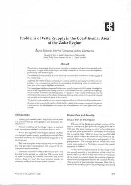 Problems of Water-Supply in the Coast-Insular Area of the Zadar Region