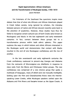 African Americans and the Transformation of Muskogee Society, 1700-1819 Jason Herbert