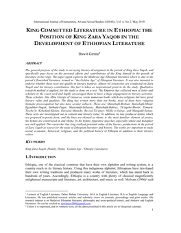 King Committed Literature in Ethiopia: the Position of King Zara Yaqob in the Development of Ethiopian Literature