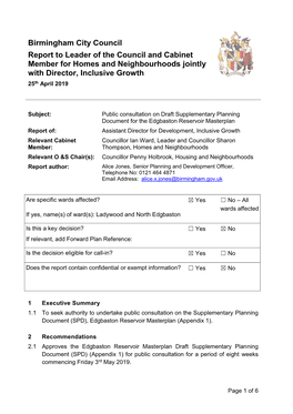 Birmingham City Council Report to Leader of the Council and Cabinet Member for Homes and Neighbourhoods Jointly with Director, Inclusive Growth