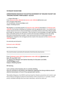 Foi Request 202100174388 Correspondence Received by the Scottish Government on “Shielding Teacher” and “Shielding Teachers